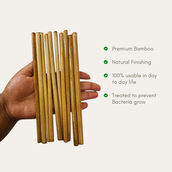 Reusable bamboo straws in hand